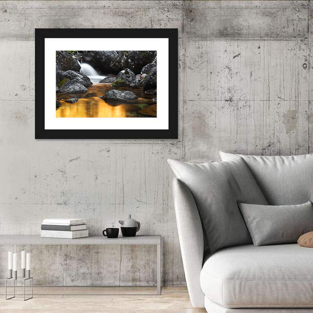 Golden Stream Waterfall Wall Art in a room, landscape