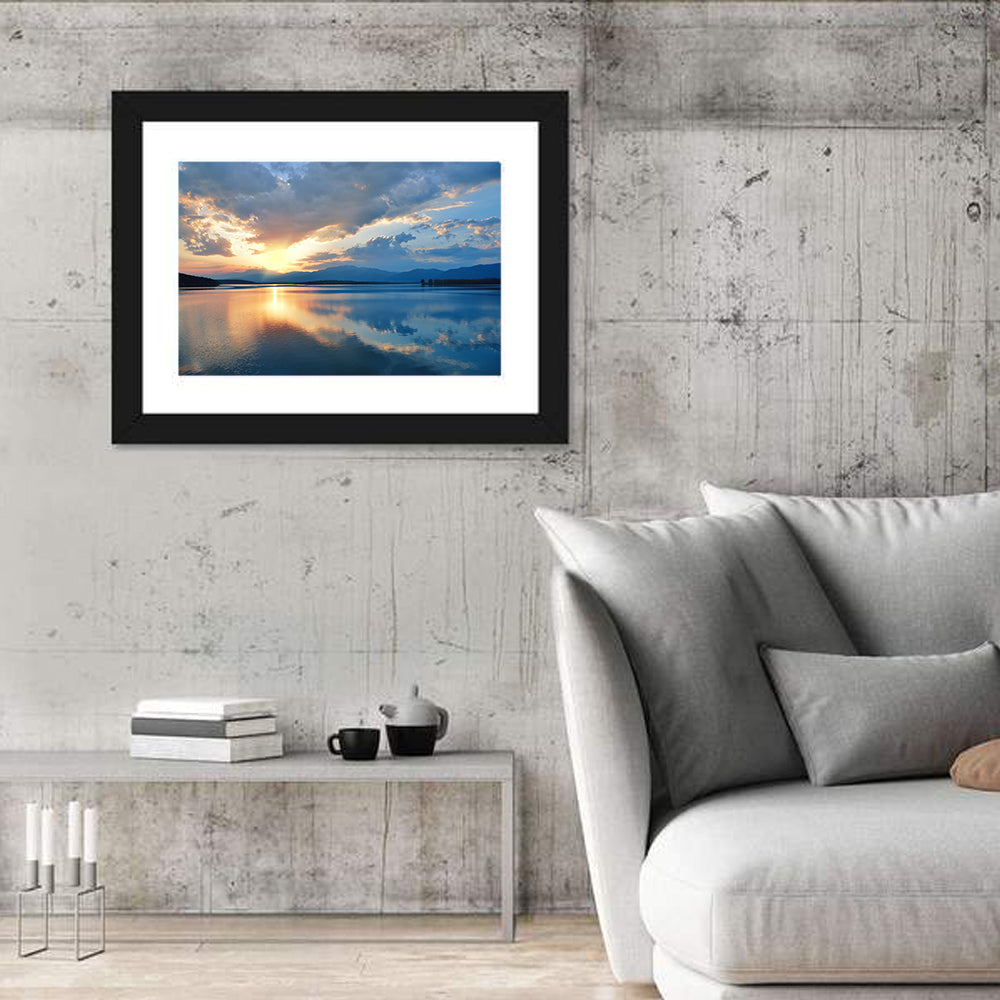 Golden Hour Lake Reflection Wall Art in a room, landscape