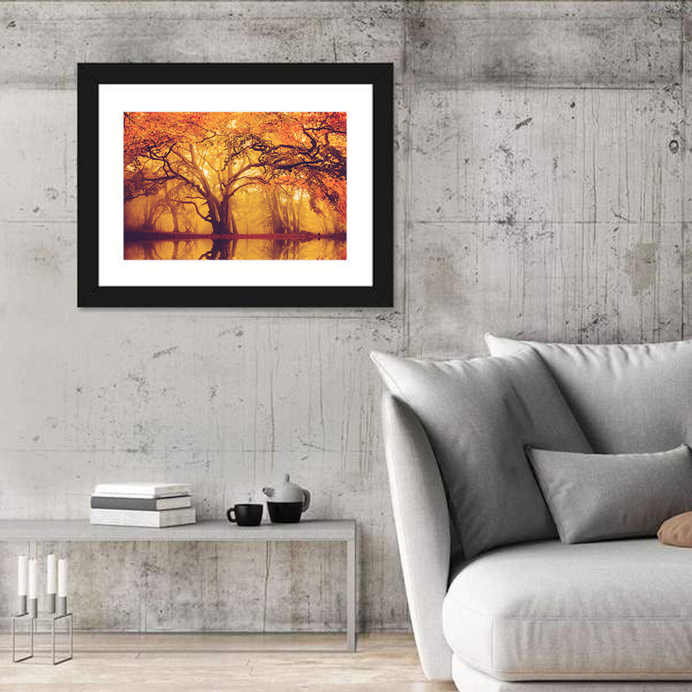 Golden Mist Forest Reflection Wall Art