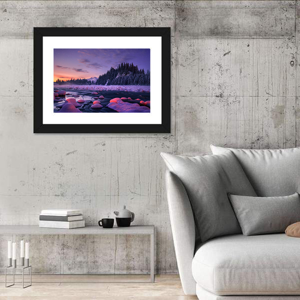 Twilight River and Snowy Pines Wall Art in a room, landscape