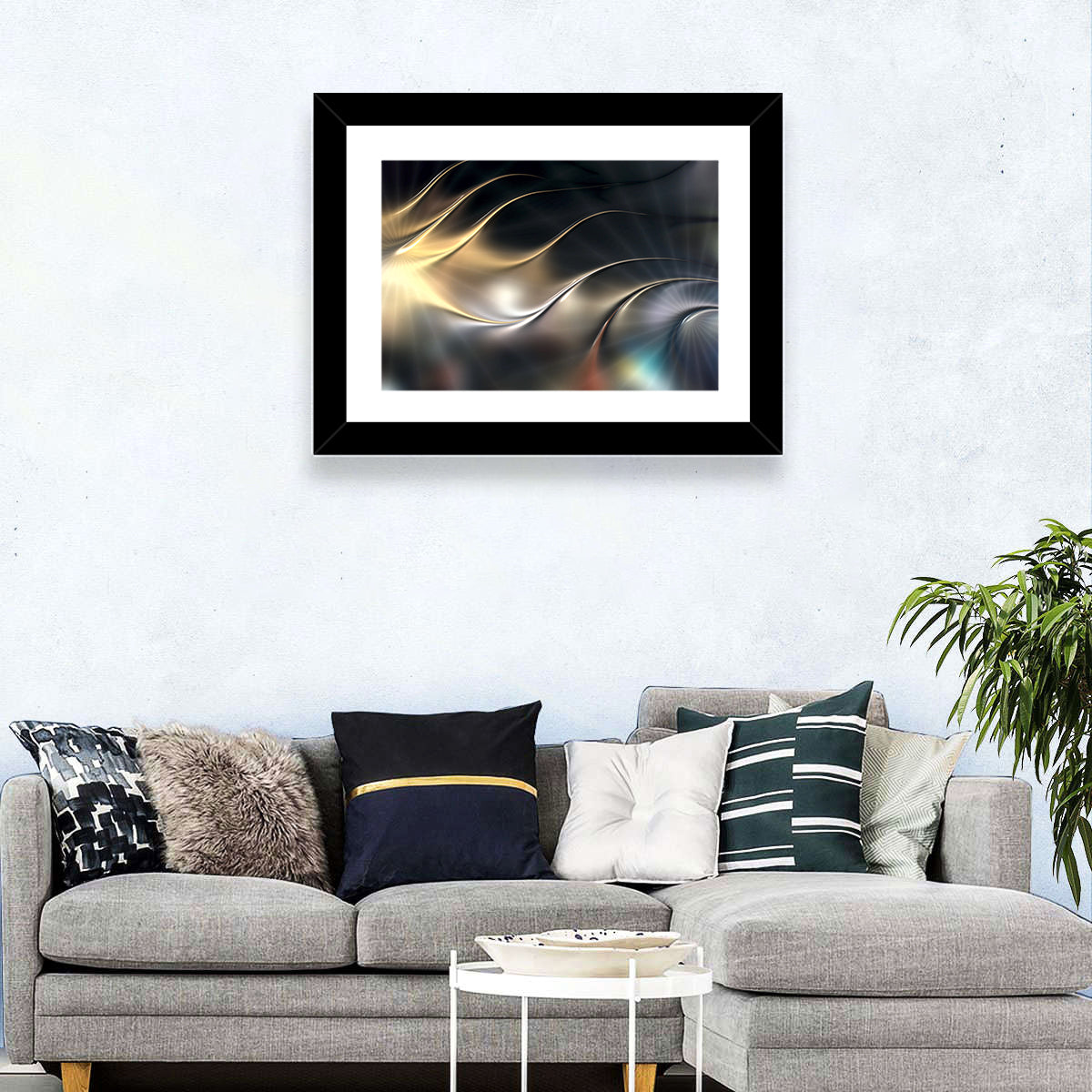 Luminous Metallic Wave Wall Art in a room, landscape