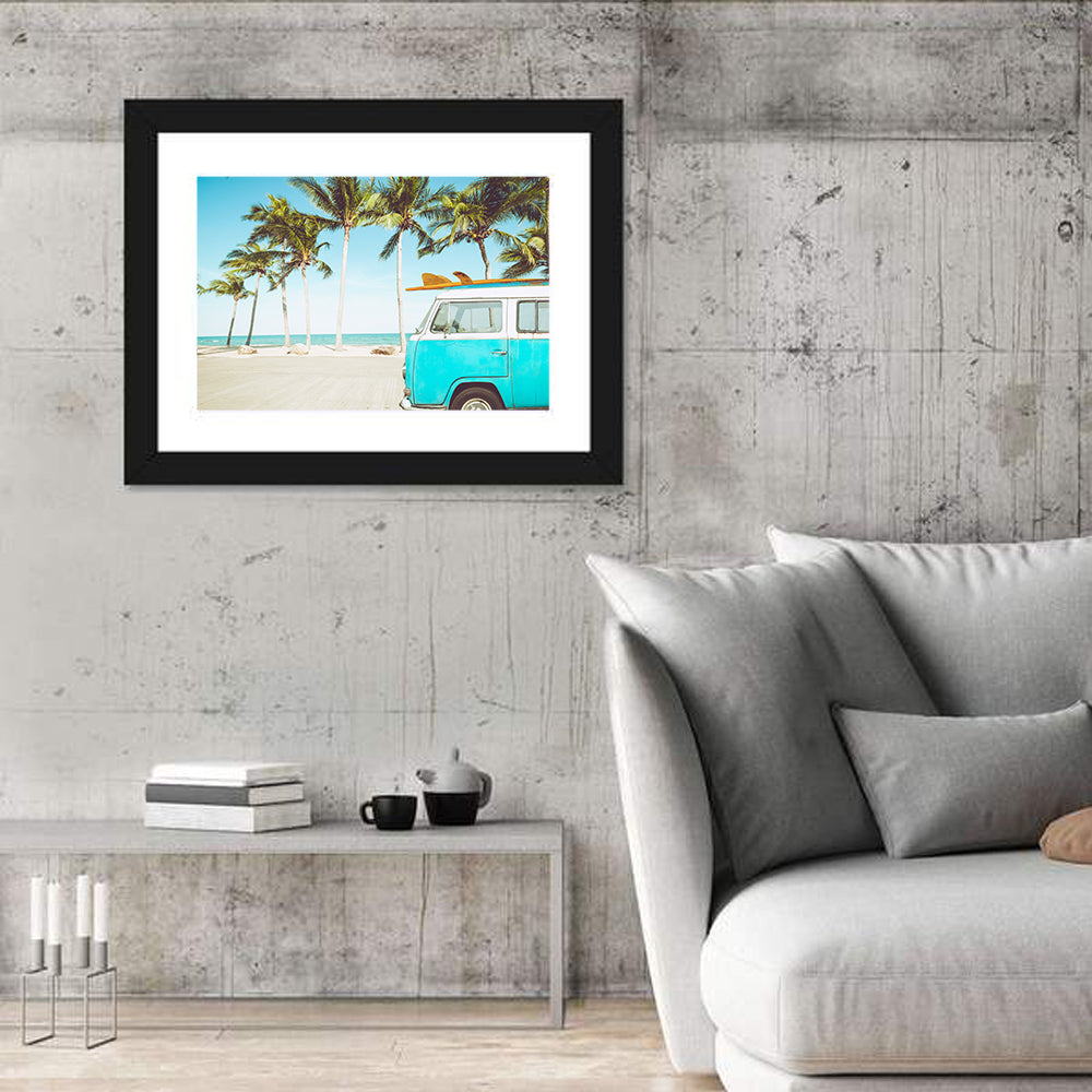 Vintage Vw Bus on Tropical Beach Wall Art in a room, landscape