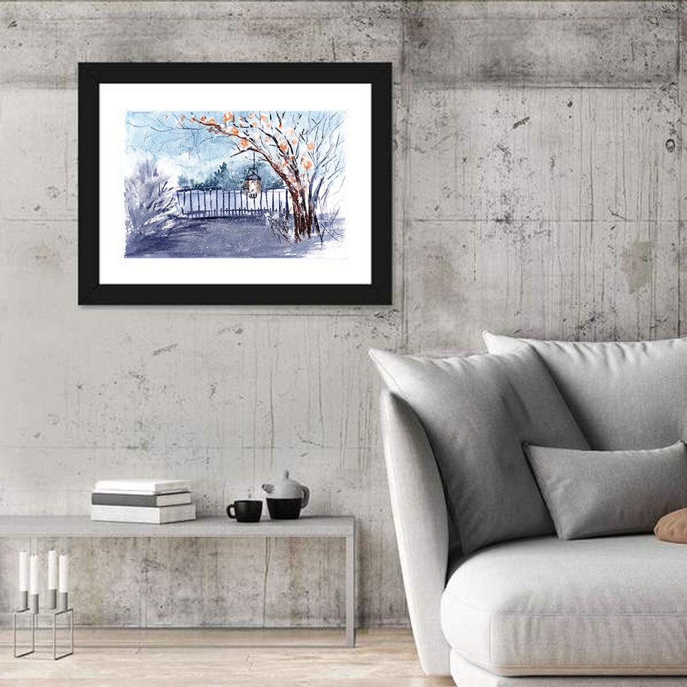 Countryside Winter Lantern Illustration Wall Art in a room, landscape