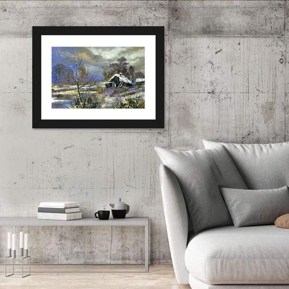 Winter Cottage by the River Wall Art in a room, landscape