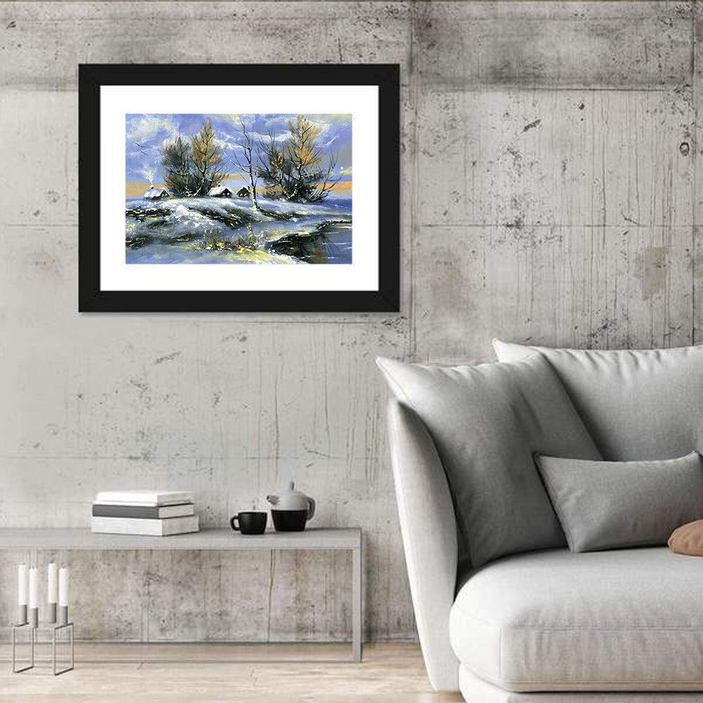 Twilight Winter Lake Houses Wall Art