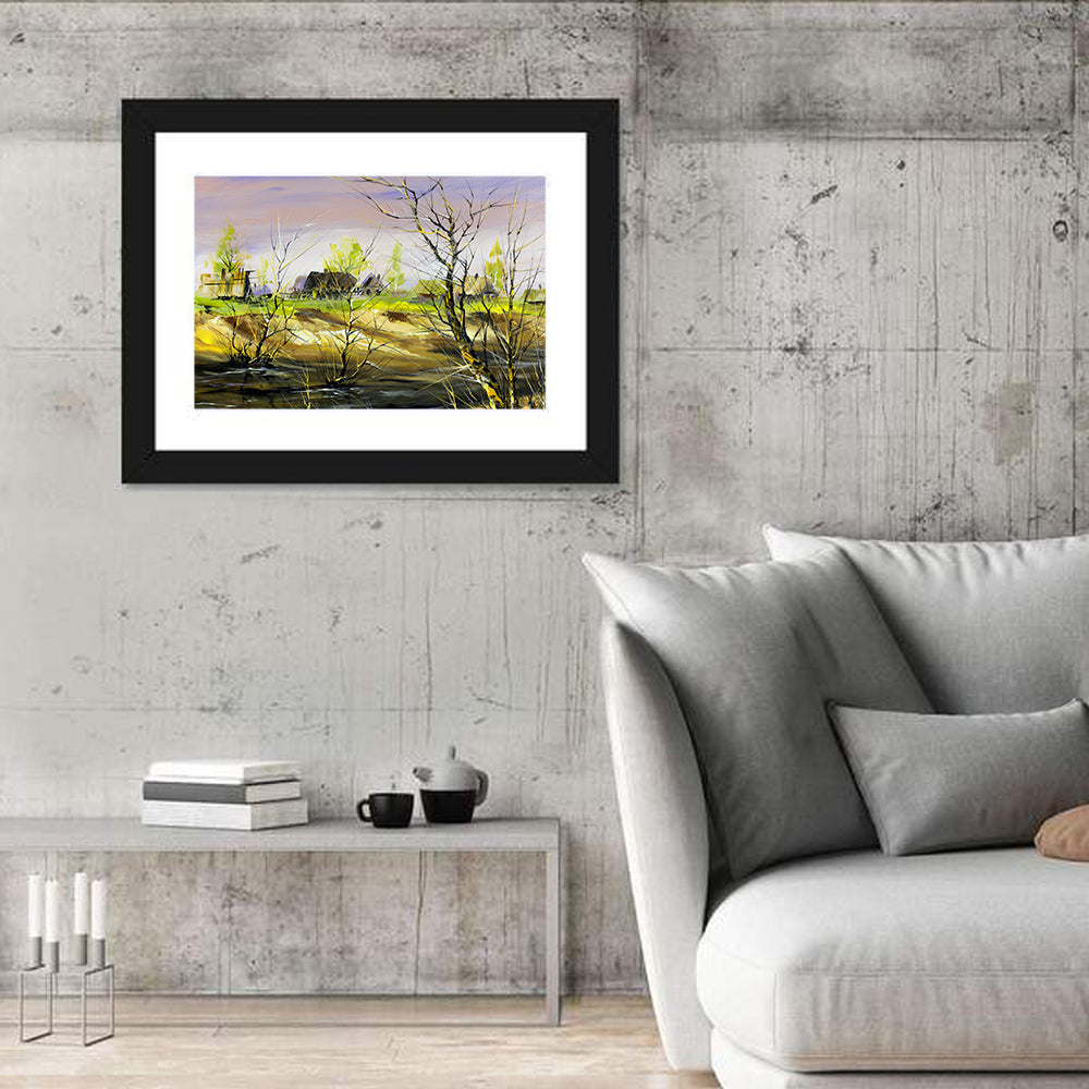 Riverside Summer Village Wall Art in a room, landscape