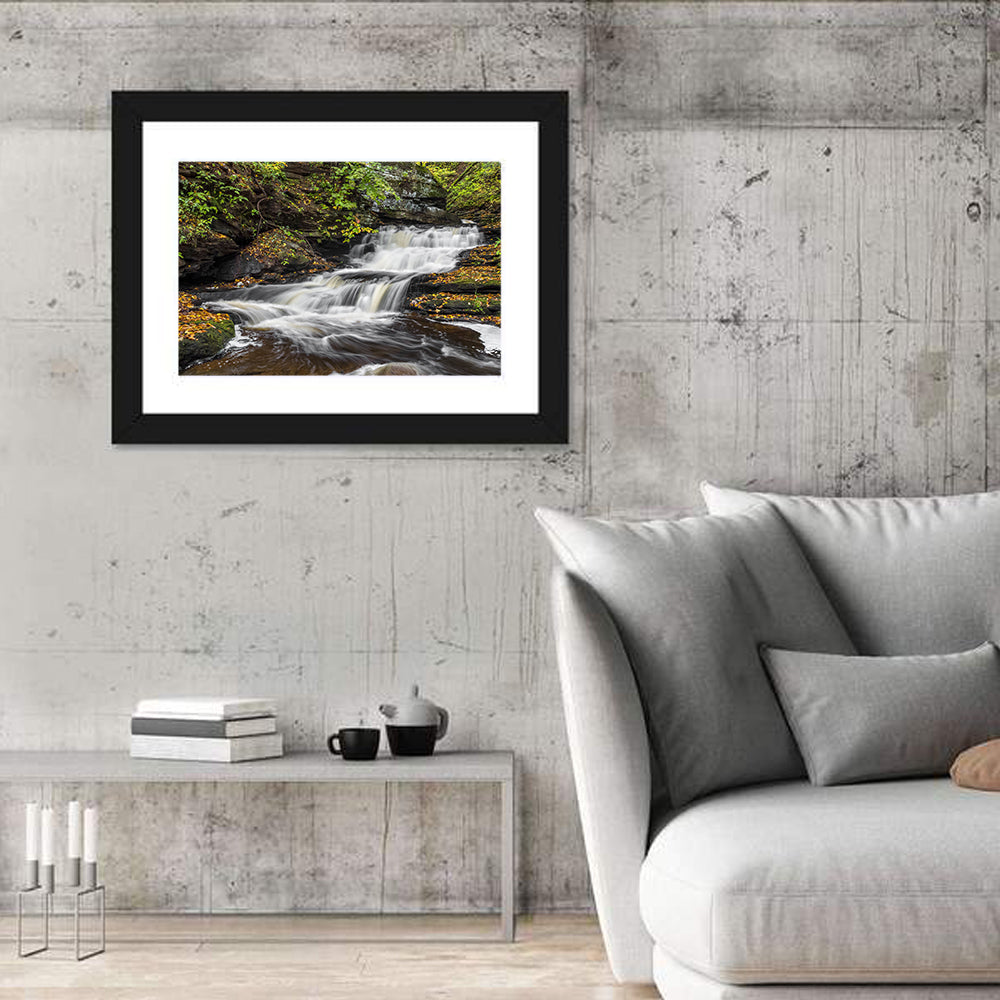 Cascading Autumn Waterfall Wall Art in a room, landscape