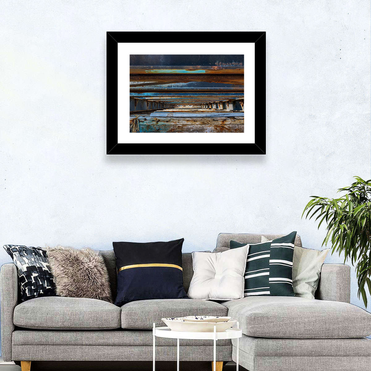 Weathered Dock Perspective Wall Art in a room, landscape