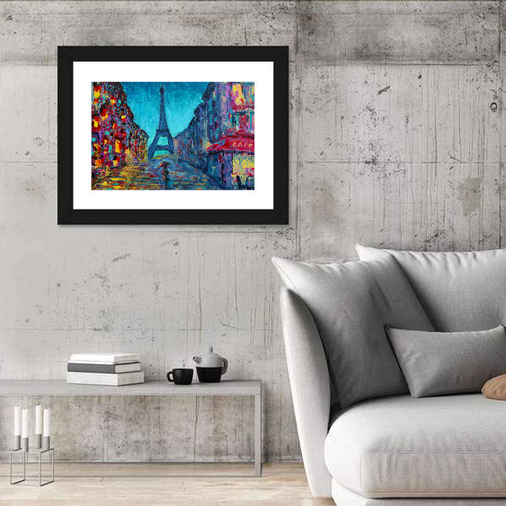 Rainy Paris Street with Eiffel Tower Wall Art in a room, landscape