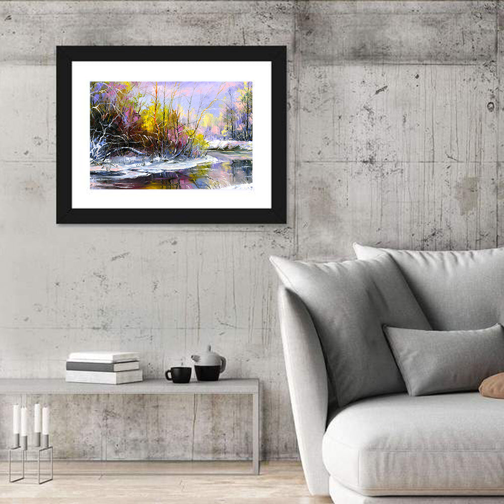 Snowy River with Purple Reflections Wall Art in a room, landscape