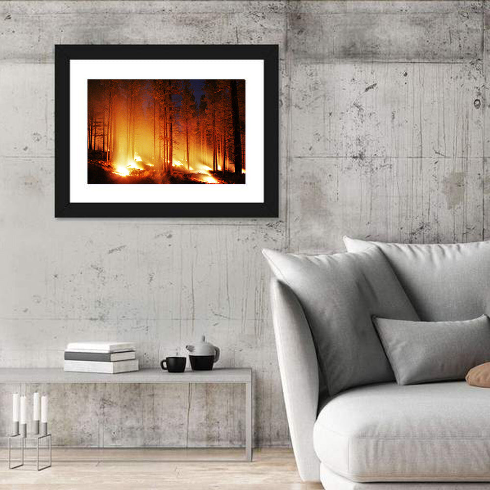 Night Forest Fire Wall Art in a room, landscape