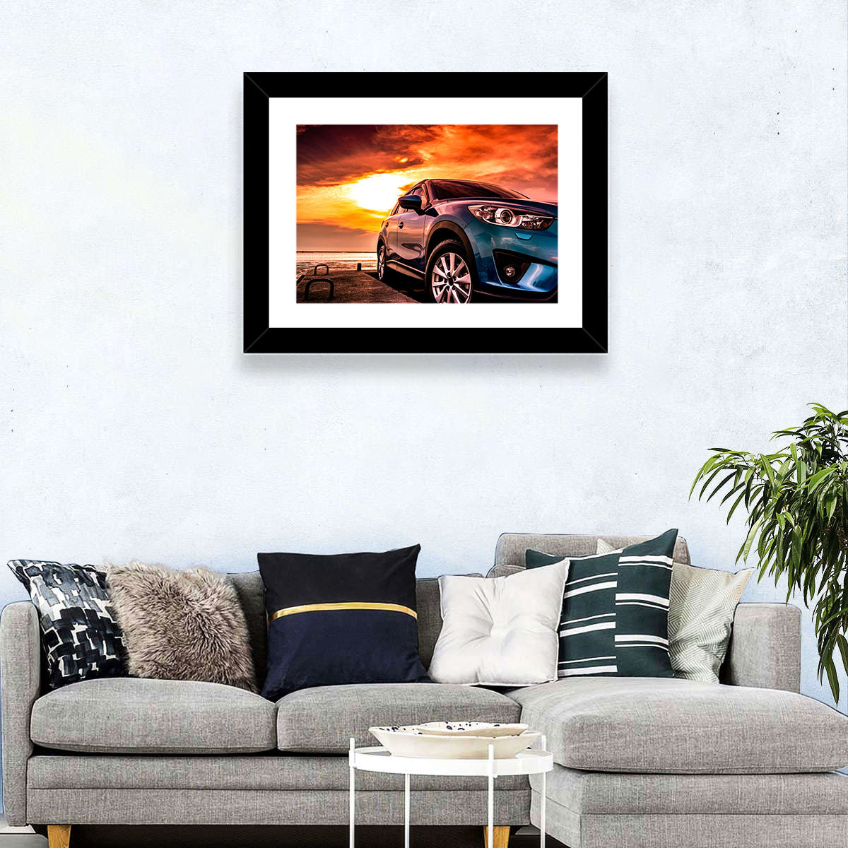 Suv on Pier at Sunset Wall Art in a room, landscape