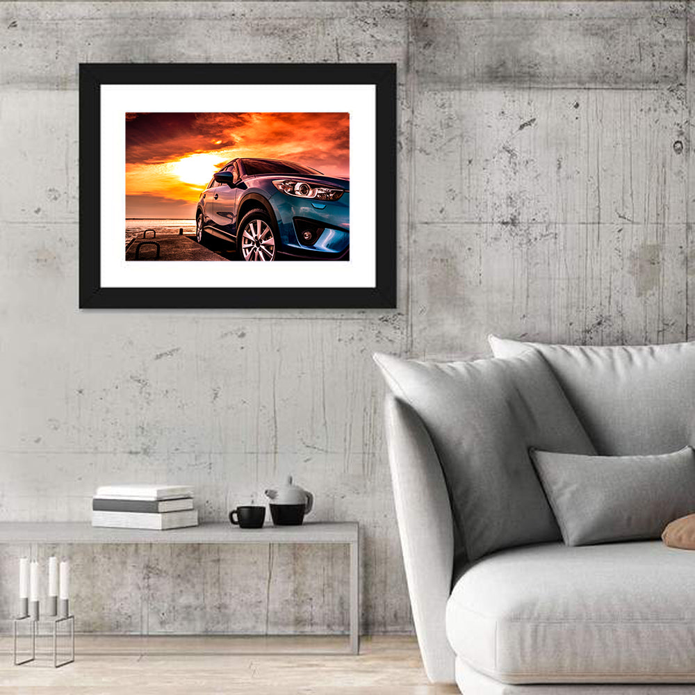 Suv on Pier at Sunset Wall Art