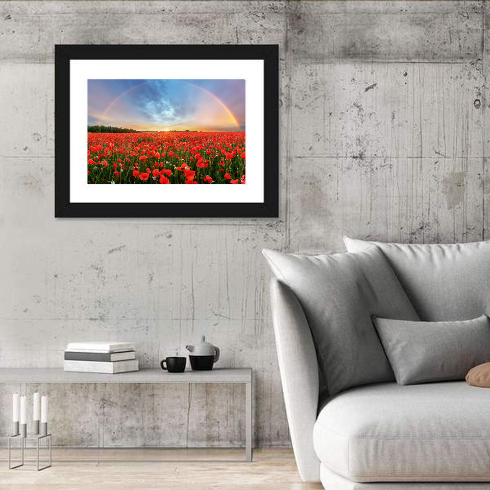Poppy Field with Double Rainbow Wall Art in a room, landscape