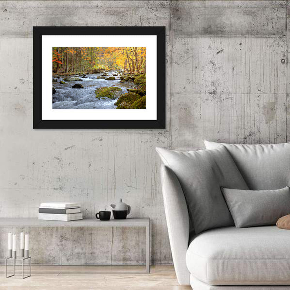 Autumn Mountain Stream Wall Art in a room, landscape