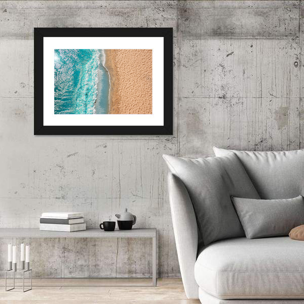 Turquoise Coastline Aerial Wall Art in a room, landscape