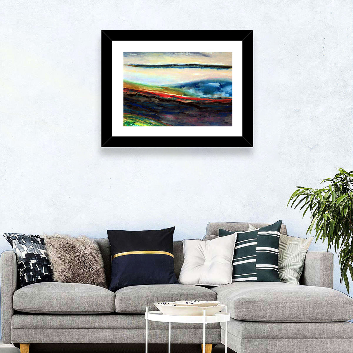 Moody Horizon Stripe Abstract Landscape Wall Art in a room, landscape