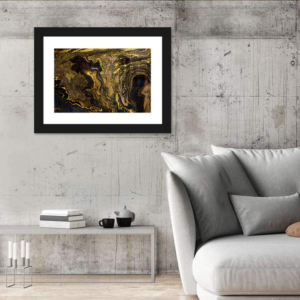 Black and Gold Marble Abstraction Wall Art in a room, landscape