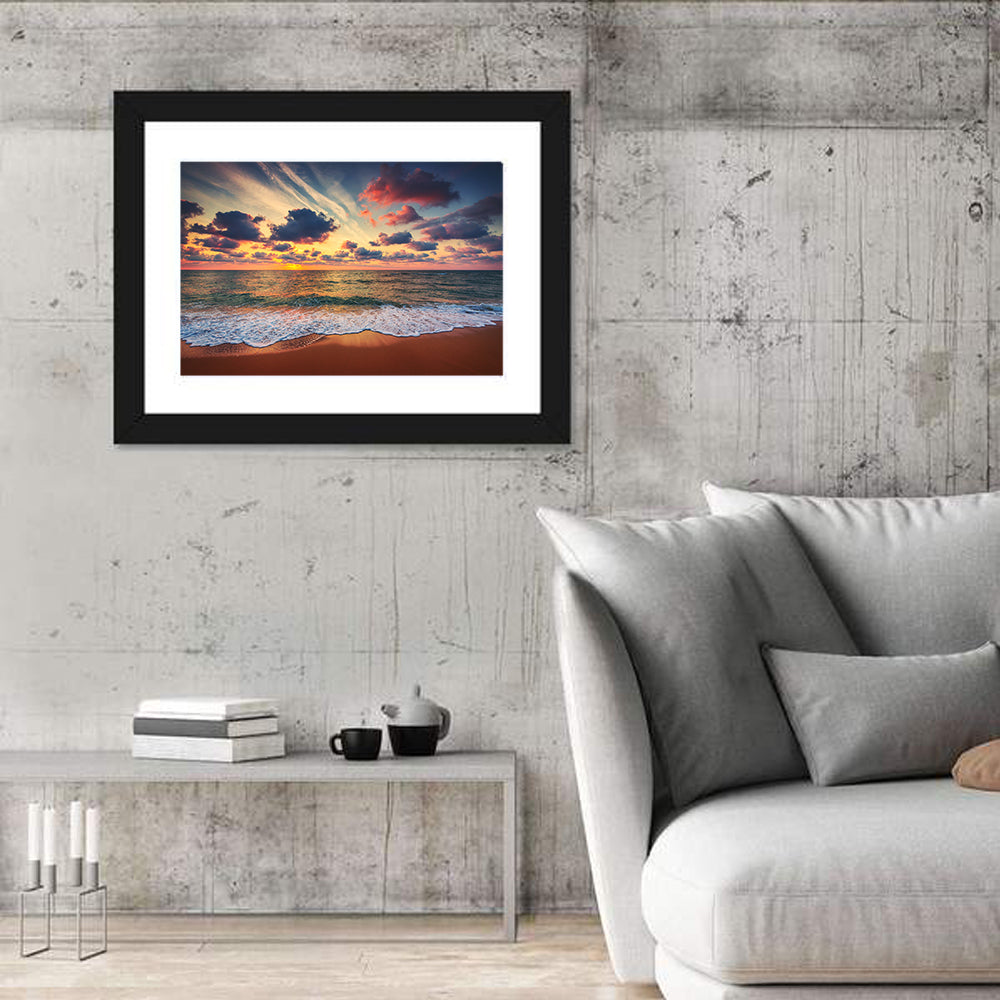 Golden Hour Beach Waves Under Cloudy Sky Wall Art