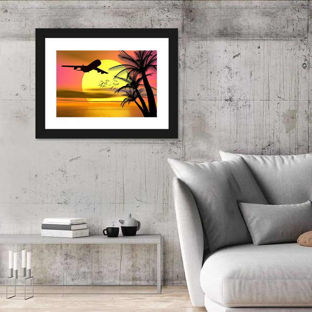 Wide-body Airplane Over Caribbean Dusk Wall Art in a room, landscape