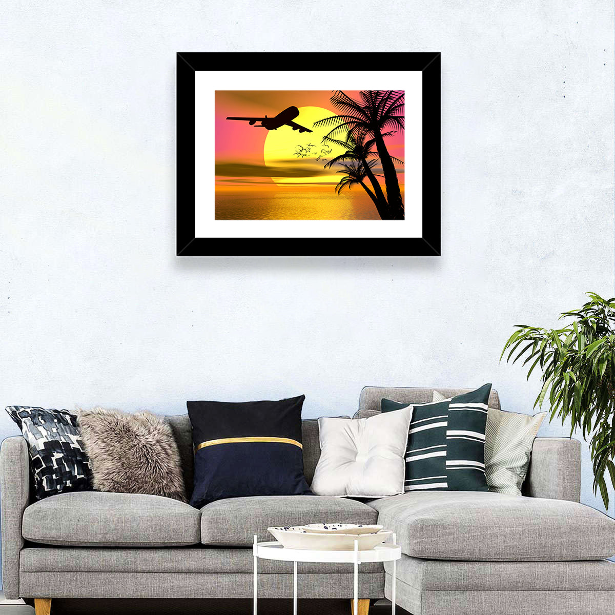 Wide-body Airplane Over Caribbean Dusk Wall Art in a room, landscape