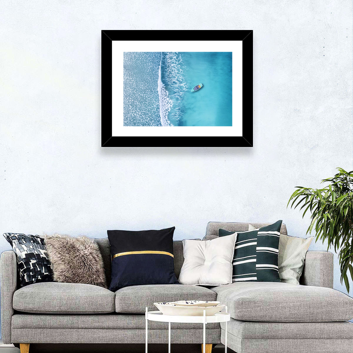 Lone Boat Over Turquoise Waves Wall Art