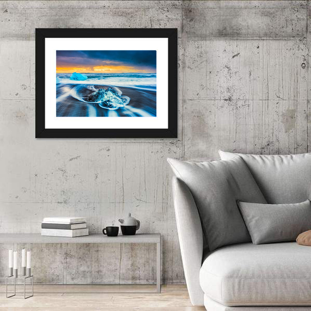 Diamond Beach Ice at Dusk Wall Art in a room, landscape