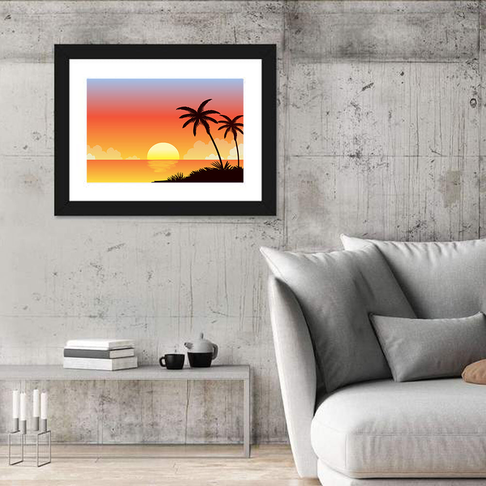 Tropical Beach Sunset Illustration Wall Art in a room, landscape