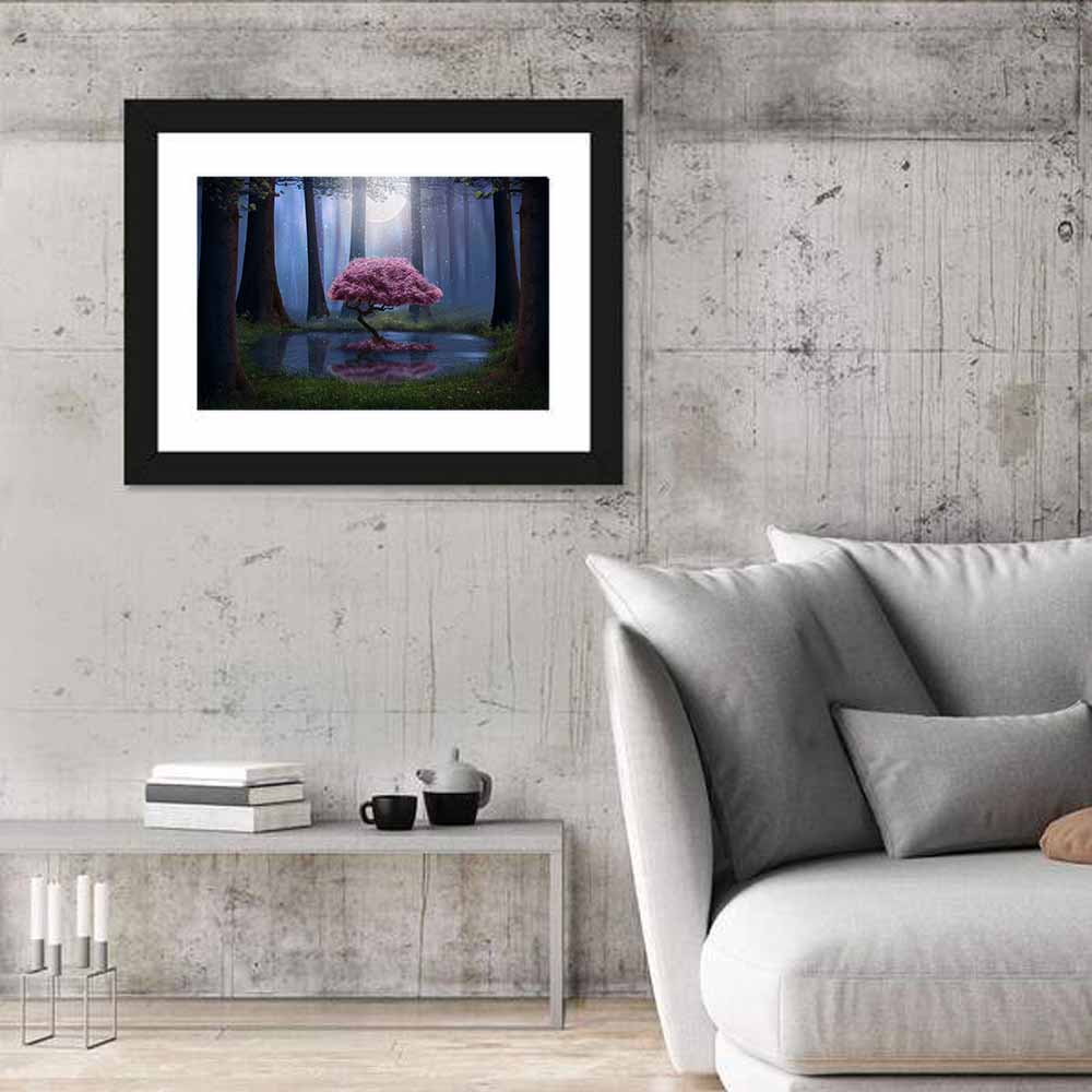 Moonlit Cherry Blossom Reflection Wall Art in a room, landscape