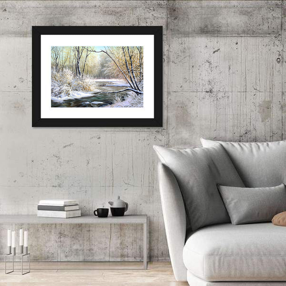 Frozen River with Perched Birds Wall Art in a room, landscape