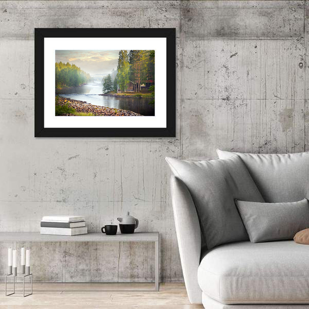 Misty River with Red Roof Cabin Wall Art