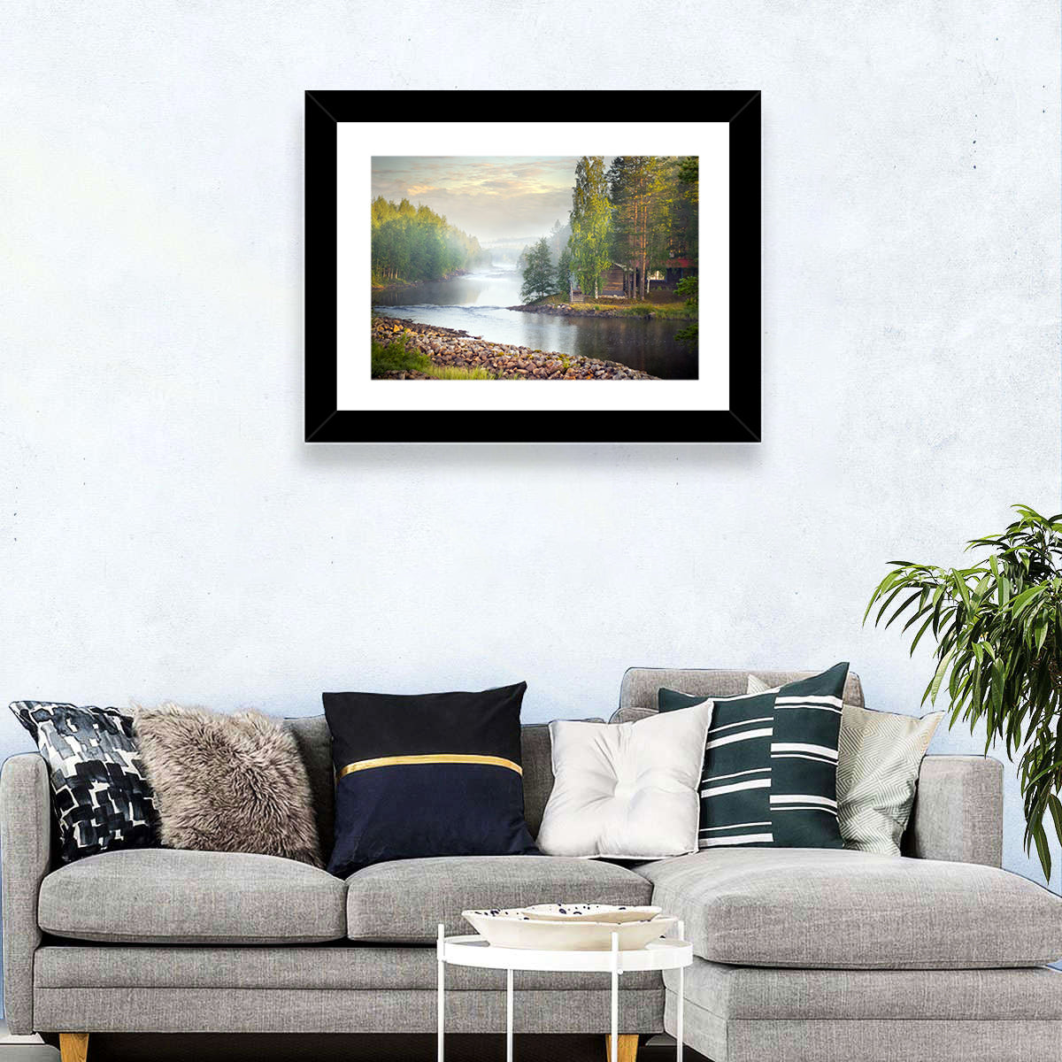 Misty River with Red Roof Cabin Wall Art
