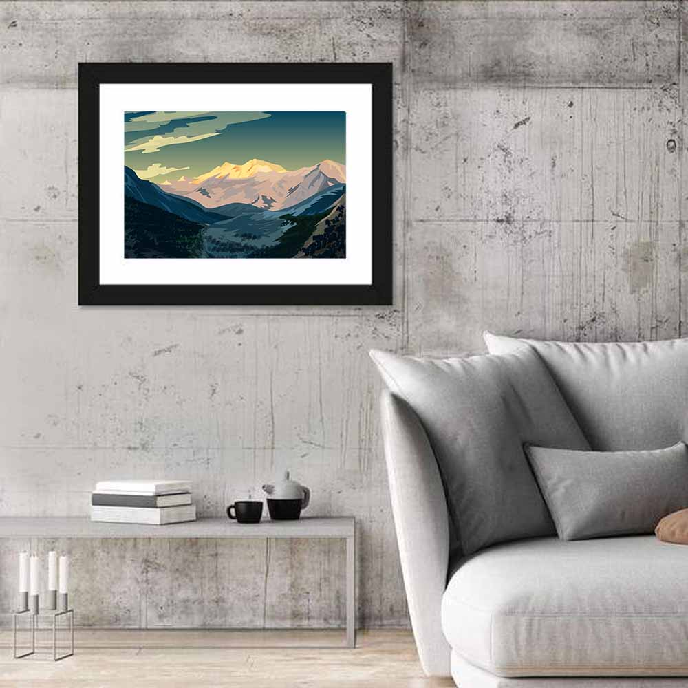 Nanga Parbat Sunrise Illustration Wall Art in a room, landscape