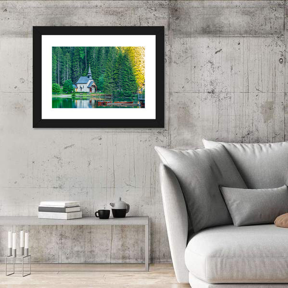 Lago Di Braies Chapel Reflection Wall Art in a room, landscape