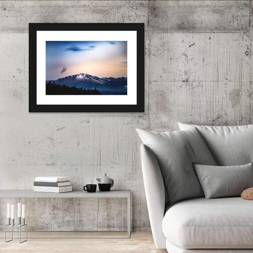 Snow-capped Pikes Peak at Dusk Wall Art in a room, landscape