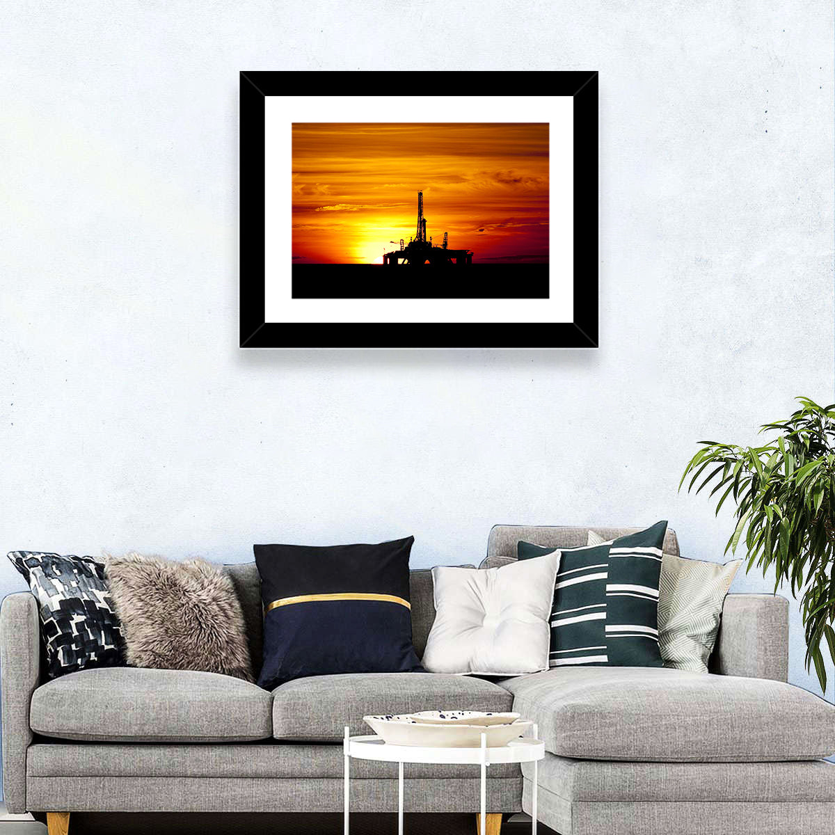 Offshore Oil Rig at Sunset Wall Art in a room, landscape