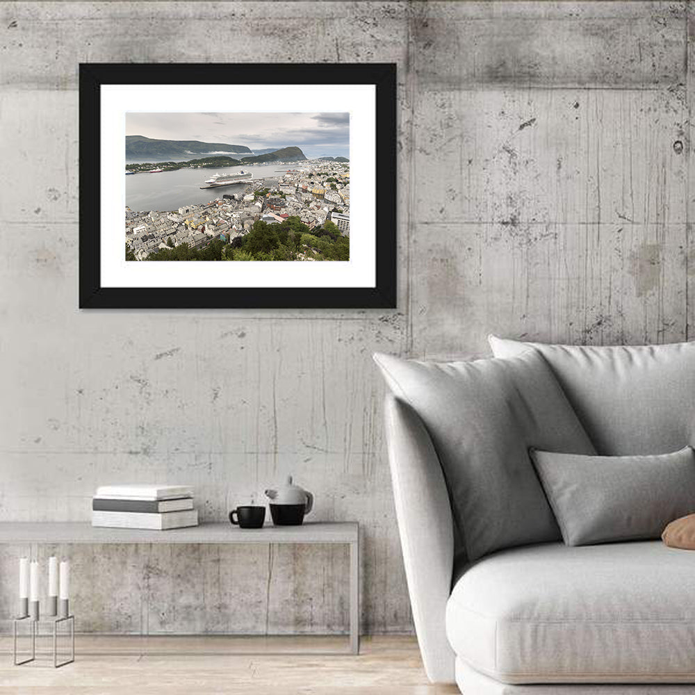 Alesund Harbor Cityscape Wall Art in a room, landscape