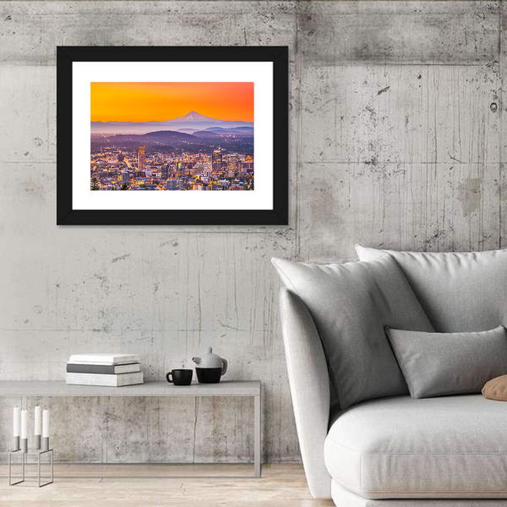Mount Hood Over Portland Skyline Wall Art in a room, landscape