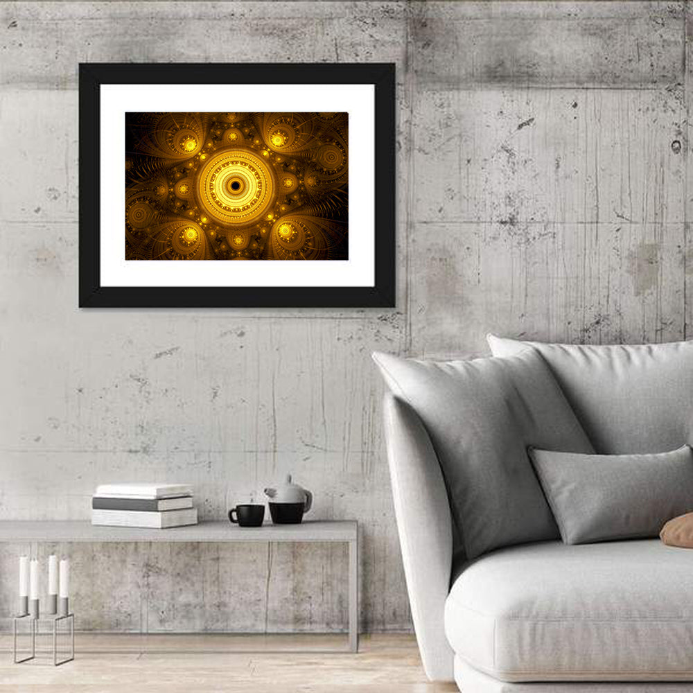Golden Fractal Mandala Wall Art in a room, landscape