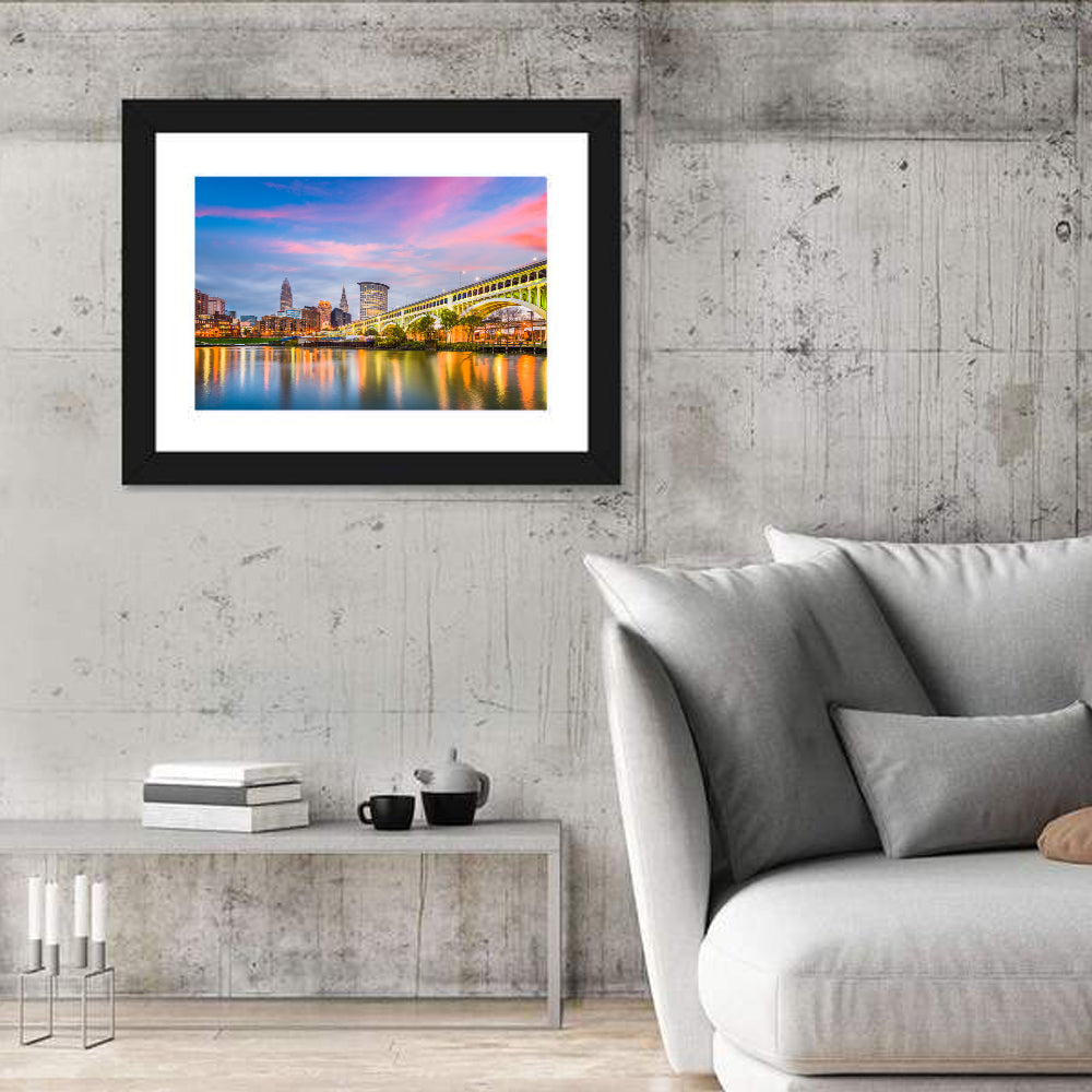 Cleveland Skyline at Dusk Wall Art in a room, landscape