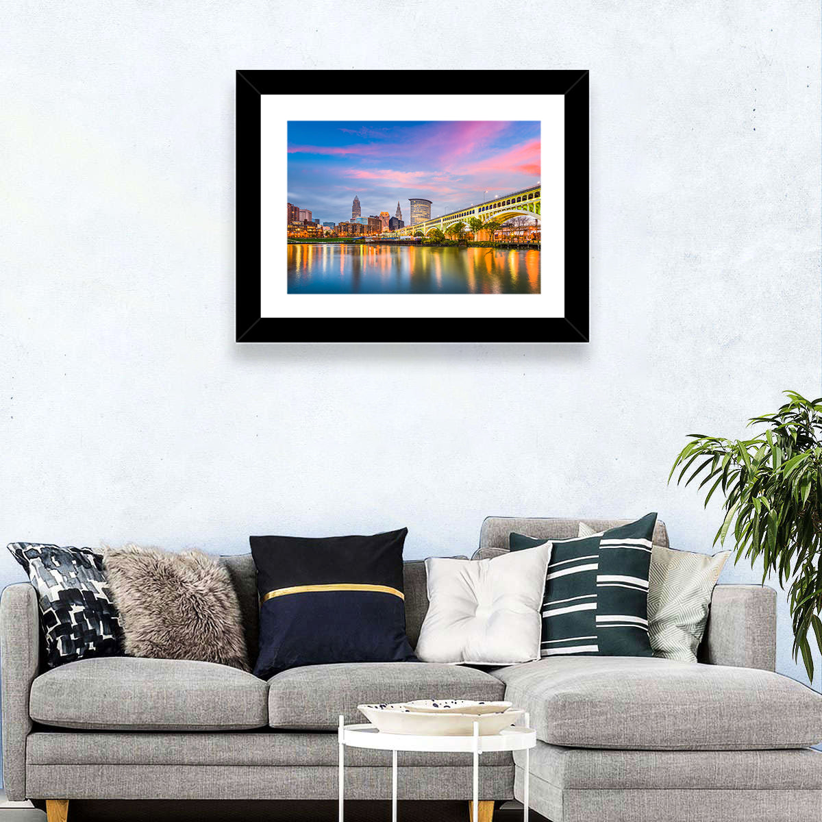 Cleveland Skyline at Dusk Wall Art in a room, landscape