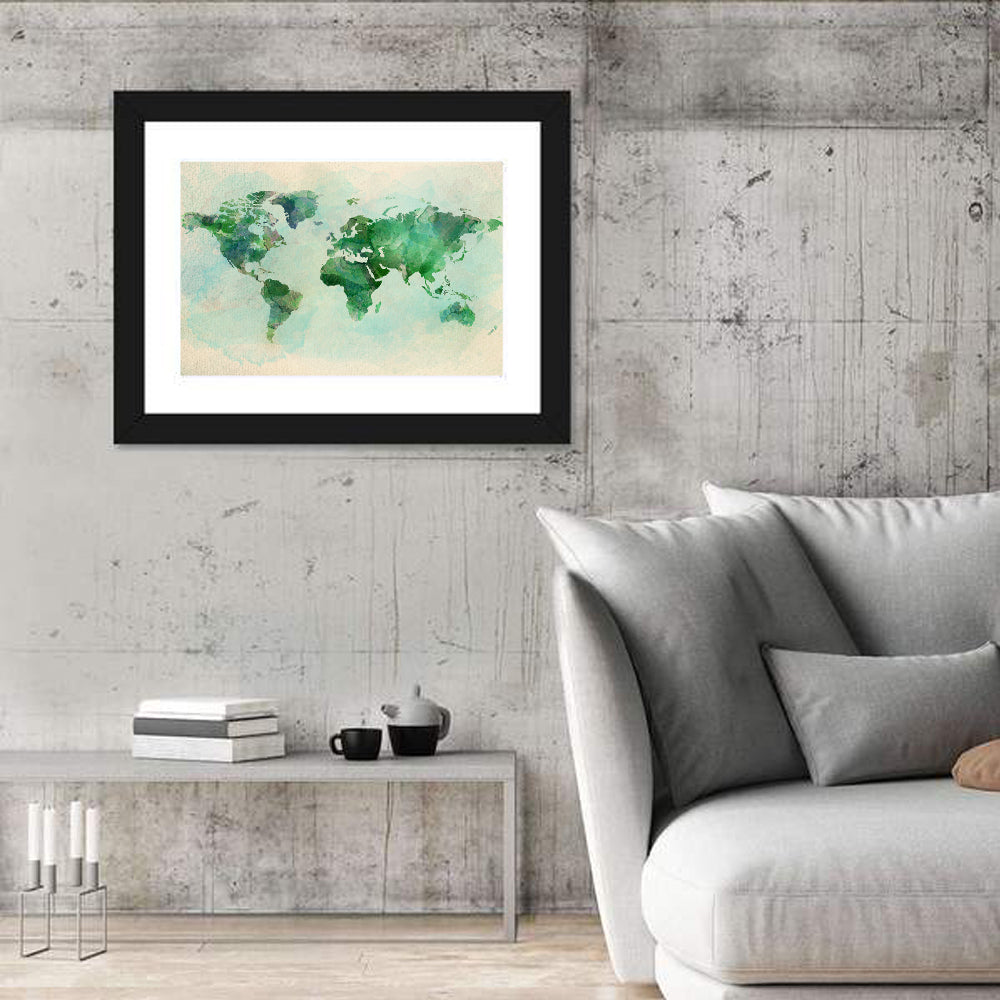 Green Watercolor World Map Wall Art in a room, landscape