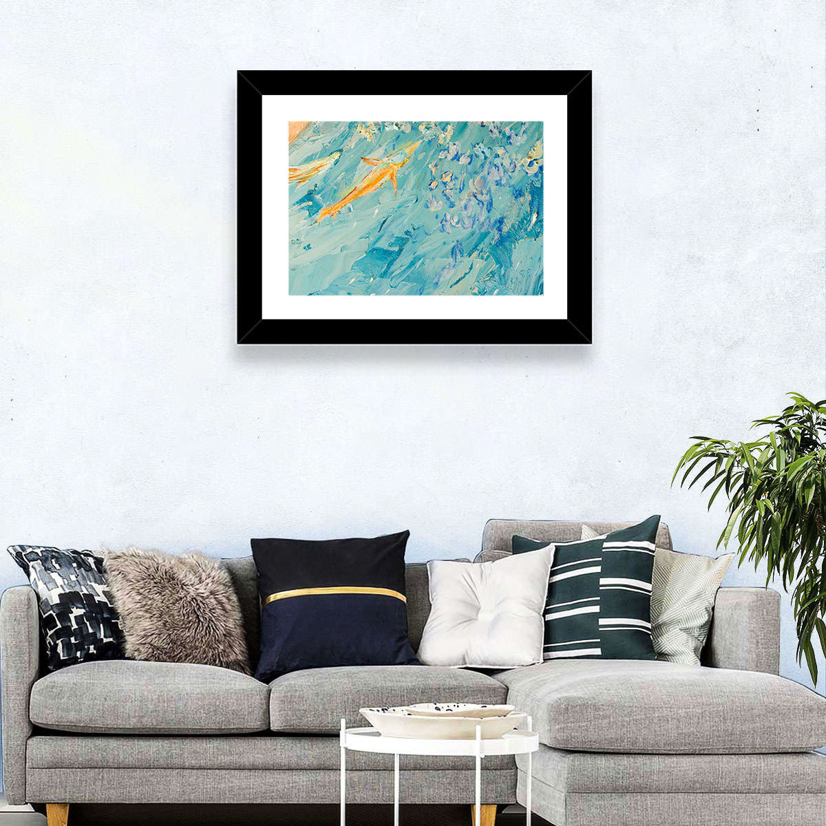Koi in Blue Abstract Wall Art in a room, landscape