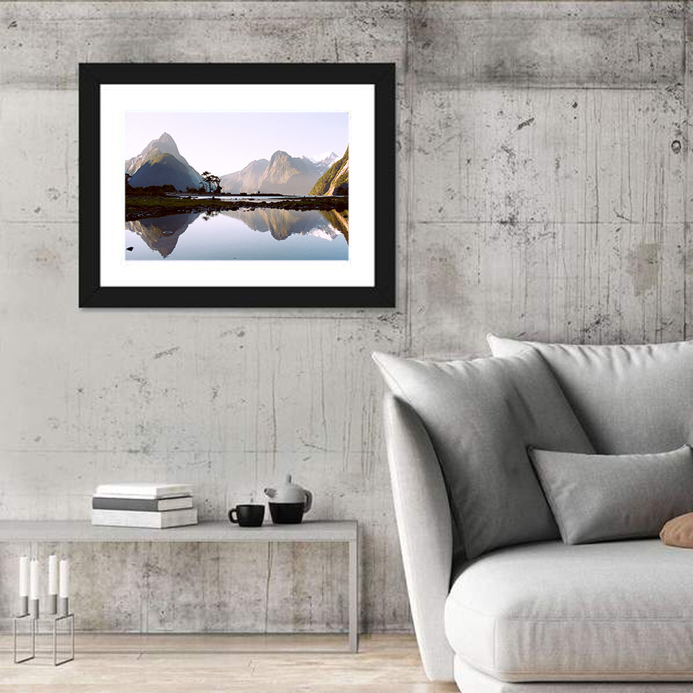 Mitre Peak Reflection at Milford Sound Wall Art in a room, landscape