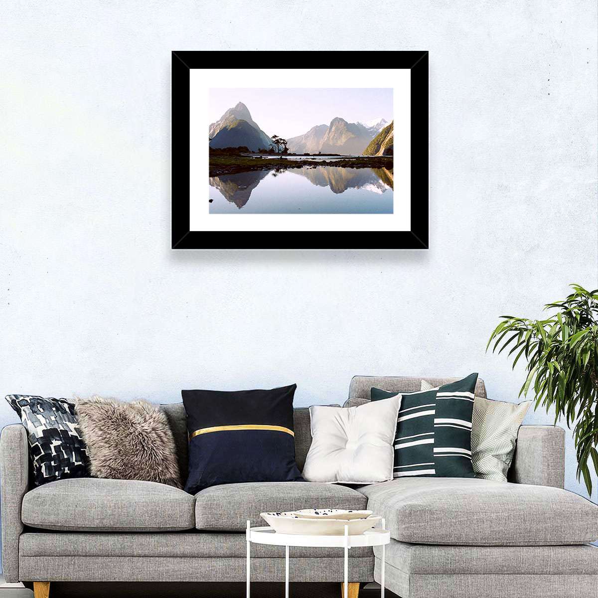 Mitre Peak Reflection at Milford Sound Wall Art in a room, landscape