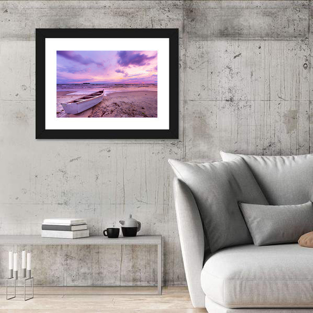 Boat at Lake Malawi Sunset Wall Art in a room, landscape