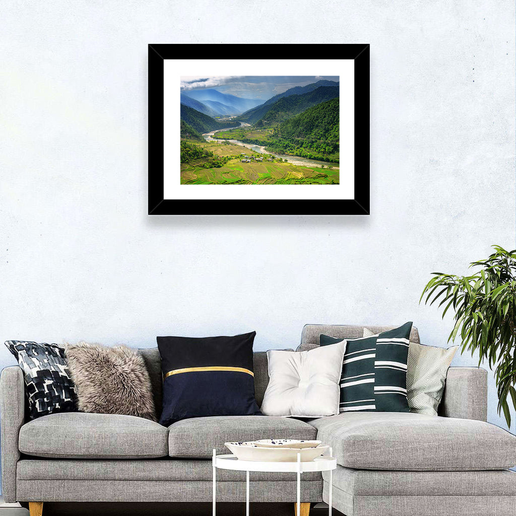 Punakha River Valley with Terraced Rice Fields Wall Art