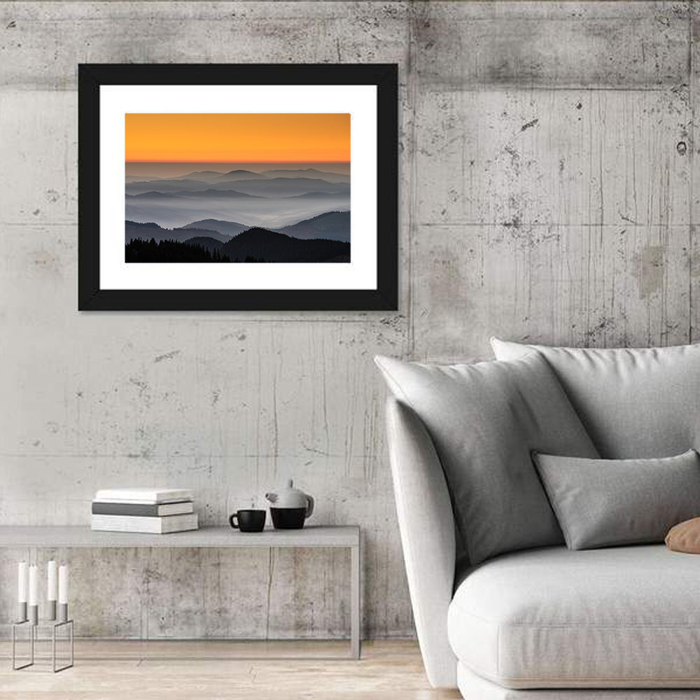 Rarau Mountains Sunrise Wall Art in a room, landscape