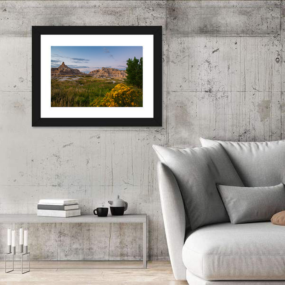 Badlands Golden Hour Meadow Wall Art in a room, landscape