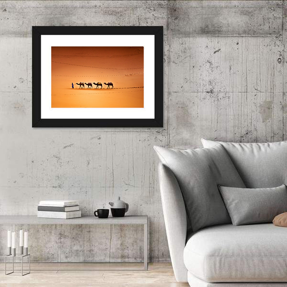Sahara Camel Caravan Wall Art in a room, landscape